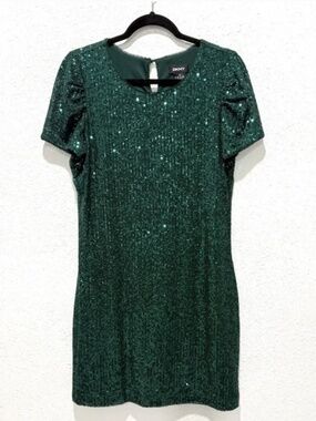 DKNY Stretch Sequin Crew Neck Short Ruched Sleeve Dress Sz 12